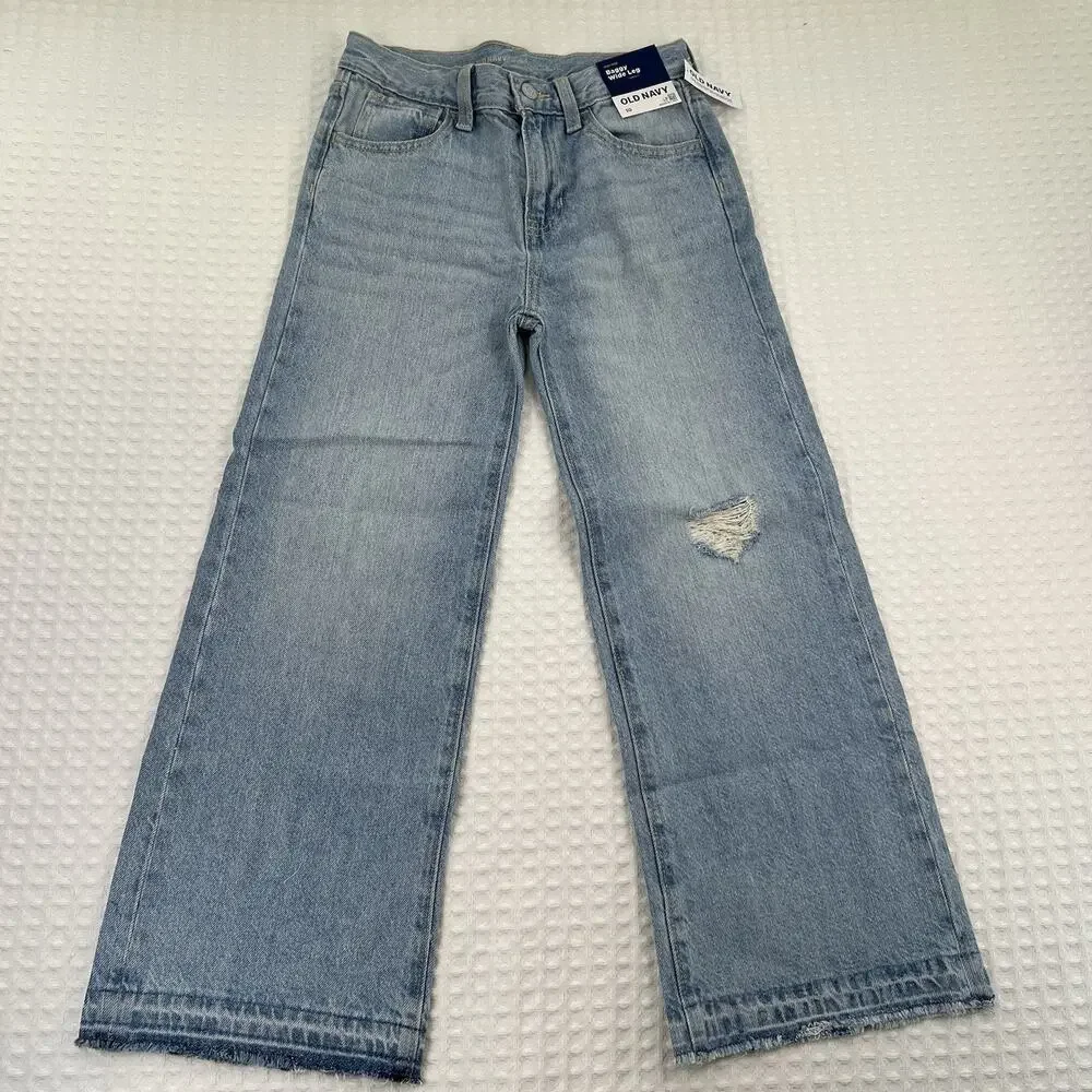 Old Navy Girls 10 High Rise Baggy Wide Leg Jeans NWT Ripped Raw Hem